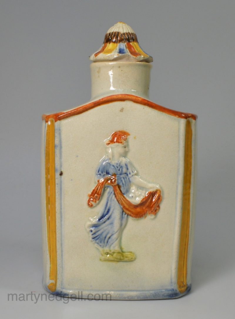 Prattware pottery tea canister and lid, circa 1800