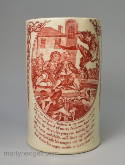 Creamware pottery mug printed in red with a rhyme about Merry Andrew, circa 1780