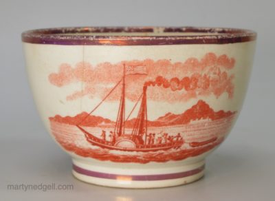 Pearlware pottery tea bowl printed with the Foulton's Steamship Clermont, circa 1820