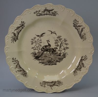 Creamware pottery feather edge plate printed with exotic birds, circa 1780, probably Wedgwood