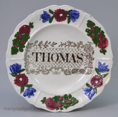 Pearlware pottery child's plate "THOMAS", circa 1830, Rogers Pottery Staffordshire