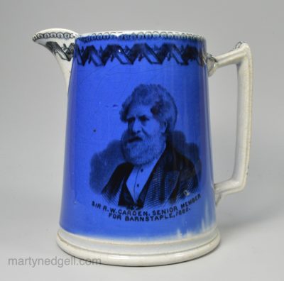 Pearlware pottery electioneering jug Sir R. W. Carden, Senior Member for Barnstable 1880