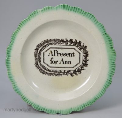 Pearlware pottery green shell edge child's plate "A Present for Ann", circa 1800