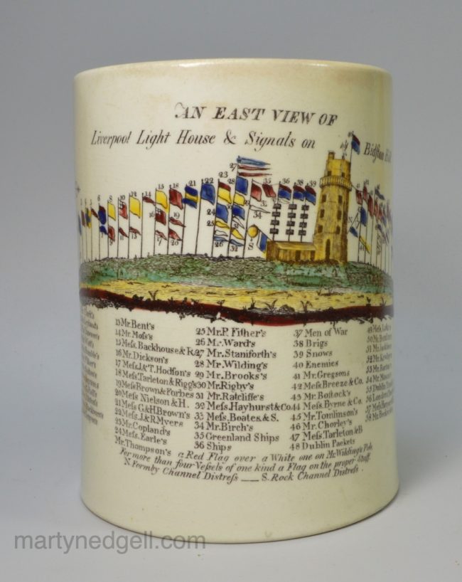 Large Liverpool creamware pottery mug decorated with an East View of Liverpool Light House & Signals on Bidston Hill, circa 1790