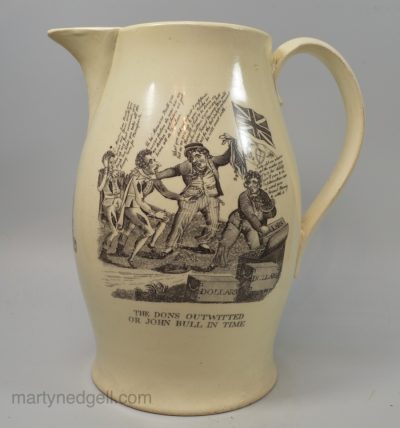 Large creamware pottery jug decorated with prints of Napoleonic War satires, circa 1800