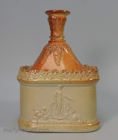 Brampton saltglaze stoneware tobacco box with candlestick lid, circa 1840