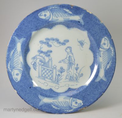 London delft powder blue plate with fish border, circa 1750