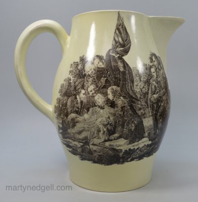 Large Wedgwood commemorative creamware pottery jug printed with the death of General Wolfe, circa 1795