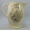 Large commemorative creamware pottery jug printed with Mrs. Clarke and two amorous subjects, circa 1810