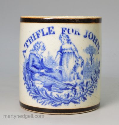 Pearlware pottery child's mug "A Trifle for John", circa 1820