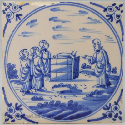 Dutch Delft biblical tile, "Noah sacrificing animals to God", Genesis 8:20, circa 1750