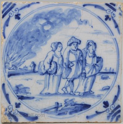 London delft biblical tile, "Lot and his daughters with Sodom burning in the background", circa 1750
