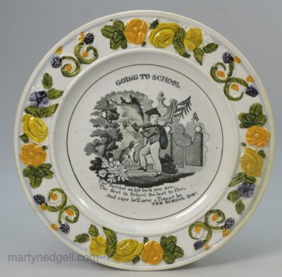 Prattware pottery child's plate "Going to School", circa 1820
