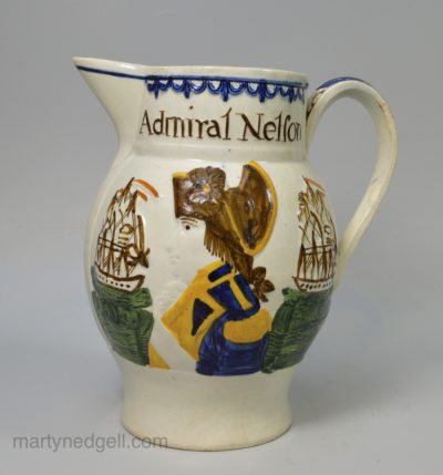 Prattware pottery jug moulded with Admiral Nelson and Captain Berry, circa 1805