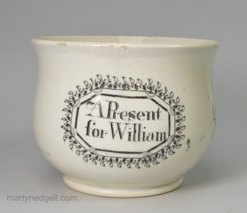 Pearlware pottery child's mug "A Present for William", circa 1840