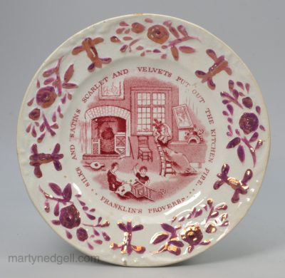 Pearlware pottery child's plate with red transfer of a Franklin's Proverb and a pink lustre border, circa 1840