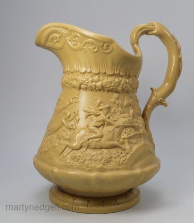 Stoneware relief moulded jug Tam O Shanter, circa 1840 W. Ridgway & Co pottery Staffordshire