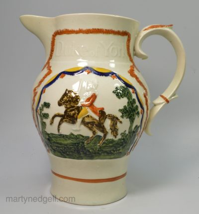Large Prattware jug moulded with the Duke of York and Prince Cobourg, circa 1810