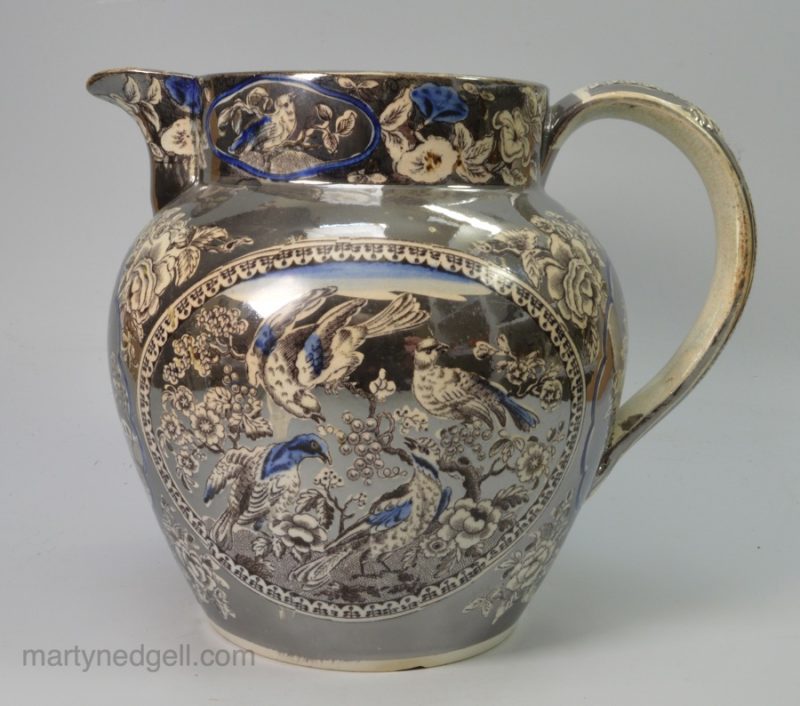 Pearlware pottery jug decorated with black transfer prints and silver resist lustre, circa 1820