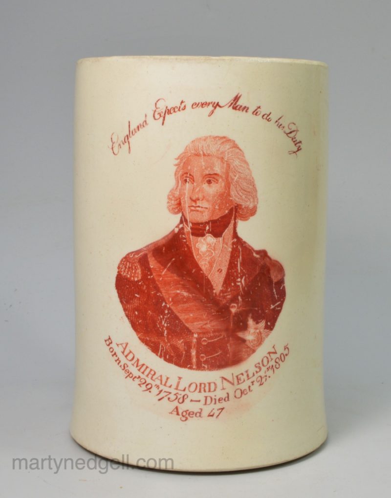 Commemorative creamware pottery mug Admiral Lord Nelson memorial, circa 1805