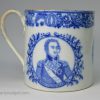 Commemorative pearlware pottery mug decorated with transfer prints of Lorn Nelson and Lord Collingwood, circa 1805