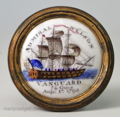 Commemorative Bilson enamel cloak pin, circa 1798 "Admiral Nelson Vanguard 74 Guns August 1st 1798"