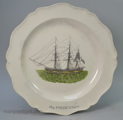Spode pottery creamware plate decorated with a print of the America, circa 1815