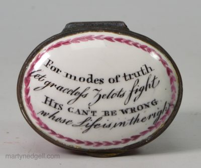 Bilston enamel patch box, circa 1780 "For modes of truth, let graceless zealots fight, His can't be wrong, whose Life is in the right"