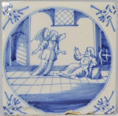 Dutch Delft biblical tile "An Angel appearing to St. Peter", circa 1750