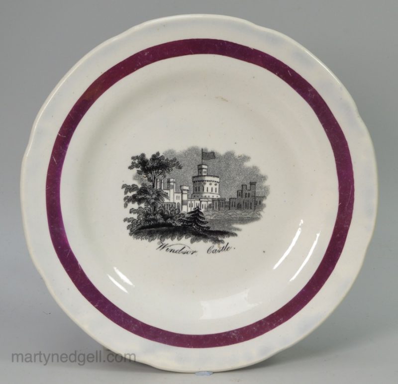 Pearlware pottery plate printed with a view of Windsor Castle, circa 1840