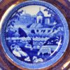 Pearlware pottery cup plate decorated with blue transfer print and lustre border, circa 1820