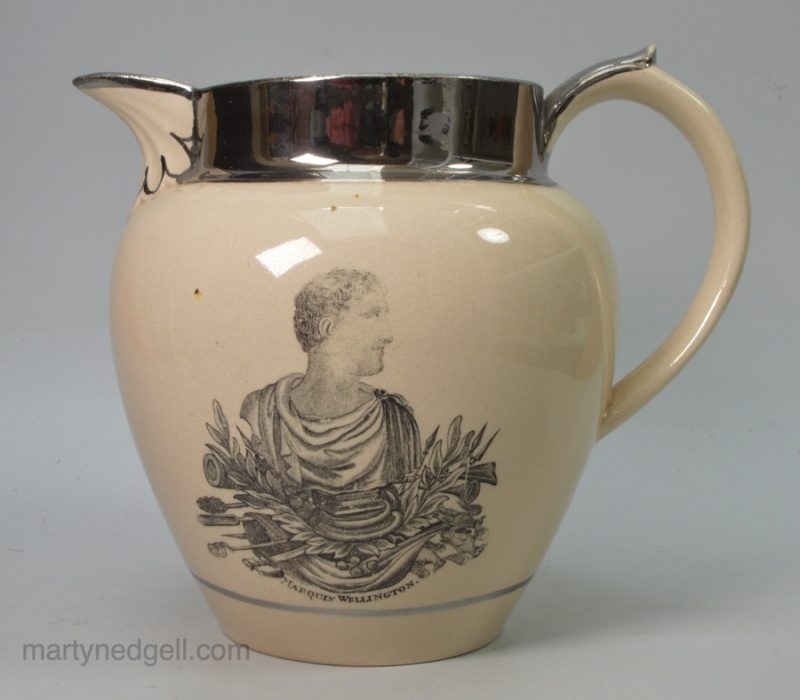 Drabware bodied jug commemorating Marquis Wellington, circa 1812