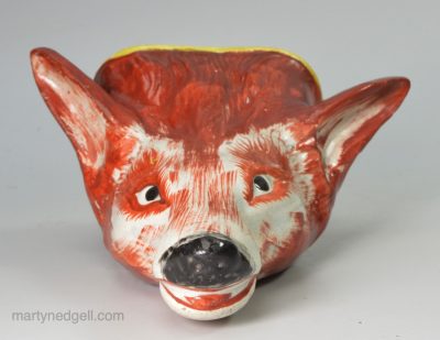 Pearlware pottery fox head stirrup cup, circa 1820