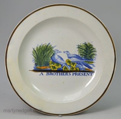Pearlware pottery child's plate "A Brothers Present", circa 1820