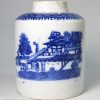 Pearlware pottery tea canister decorated with a blue transfer print, circa 1800