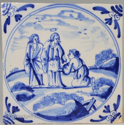 London delft biblical tile, "Jesus heals a woman with an issue of blood" circa 1750