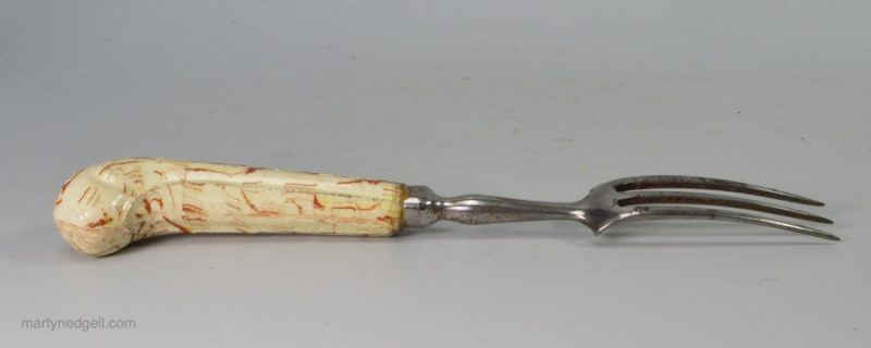 Agate ware fork handle, circa 1770