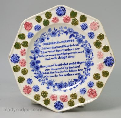 Pearlware pottery child's plate "Obedience to Parents", circa 1832