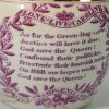 Commemorative pearlware pottery jug, Queen Caroline Green Bag, circa 1821