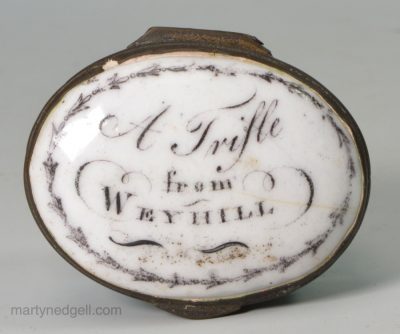 Bilston enamel patch box "A Trifle from Weyhill", circa 1780