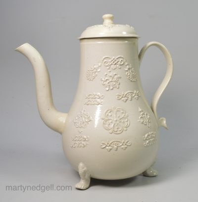 Staffordshire white saltglaze stoneware coffee pot, circa 1760