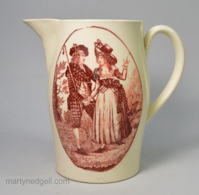Creamware pottery jug decorated with red transfers, The Bachelor's Wish, circa 1790