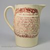 Creamware pottery jug decorated with red transfers, The Bachelor's Wish, circa 1790