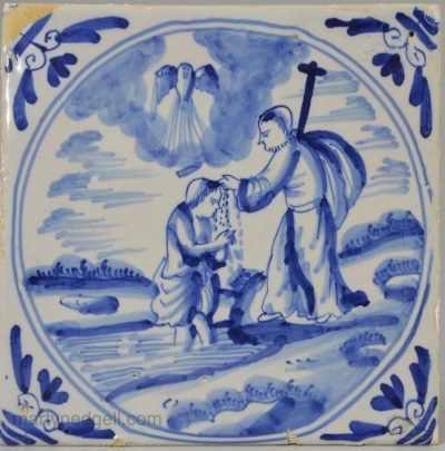 London Delft biblical tile "Christ being baptised by John the Baptist", circa 1750