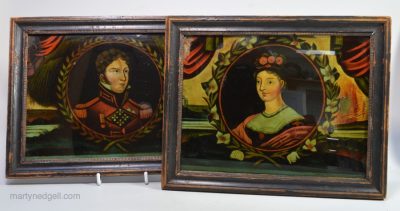 Pair of reverse prints on glass, Princess Charlotte and Prince Leopold, circa 1815