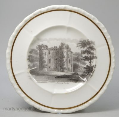 Small porcelain plate printed with a view of Nunney Castle, circa 1830