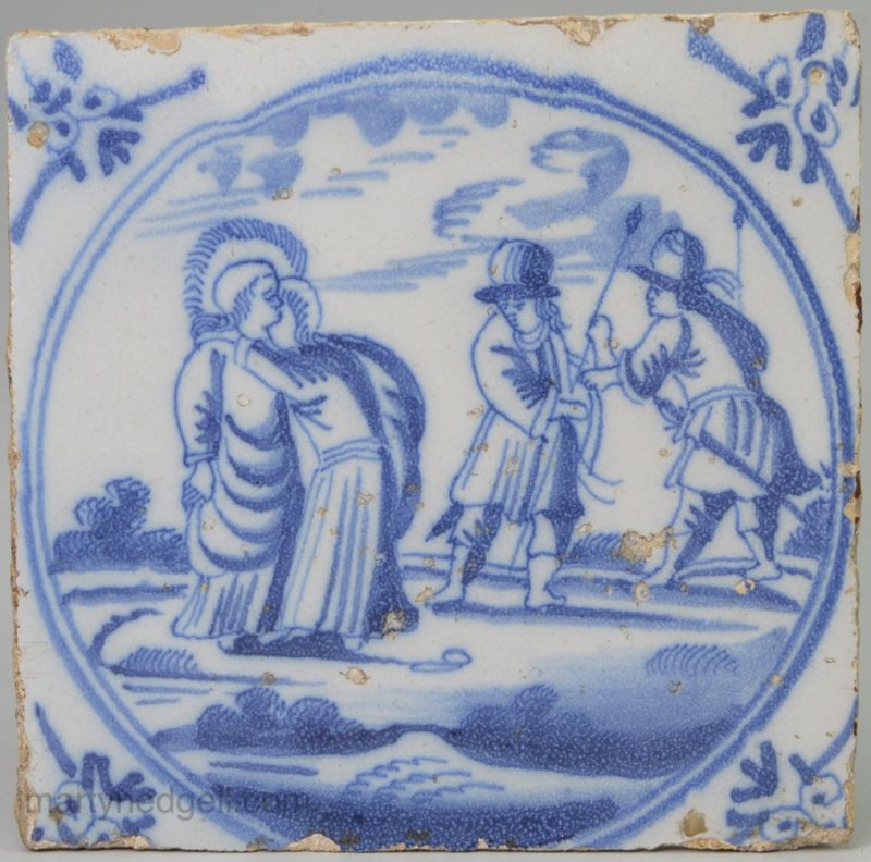 Dutch Delft Biblical tile "Judas embracing Jesus", circa 1750