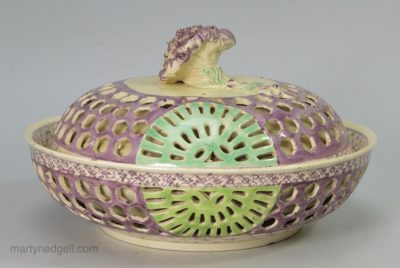 Reticulated creamware pottery muffin dish and lid, circa 1770