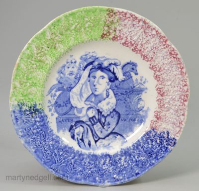 Small pearlware pottery plate commemorating Queen Victoria and decorated with a sponged border, circa 1840