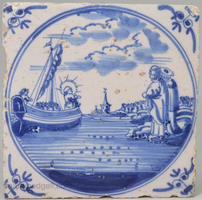 Dutch Delft Biblical tile "Jesus preaching from a fishing boat", circa 1750